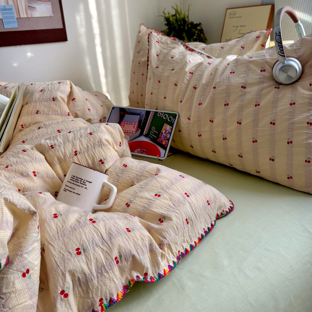 91家纺网 家纺一手货源 找家纺 田野 2026新款全棉水洗提花贝壳边四件套 桔条樱语