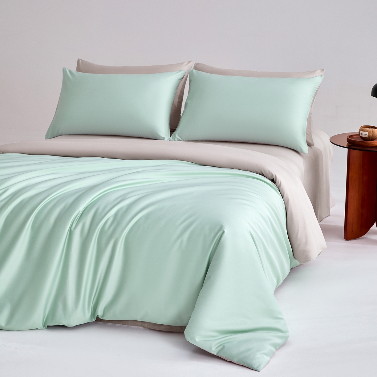 91家纺网 家纺一手货源 找家纺 合欢（原天一阁） 2026新款50s双股长绒棉全棉纯棉纯色四件套 青柠绿+银竹灰