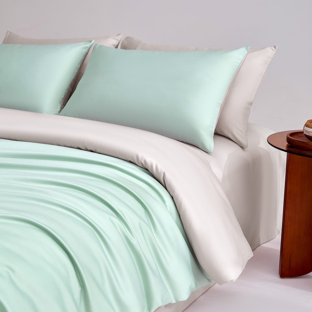 91家纺网 家纺一手货源 找家纺 合欢（原天一阁） 2026新款50s双股长绒棉全棉纯棉纯色四件套 青柠绿+银竹灰