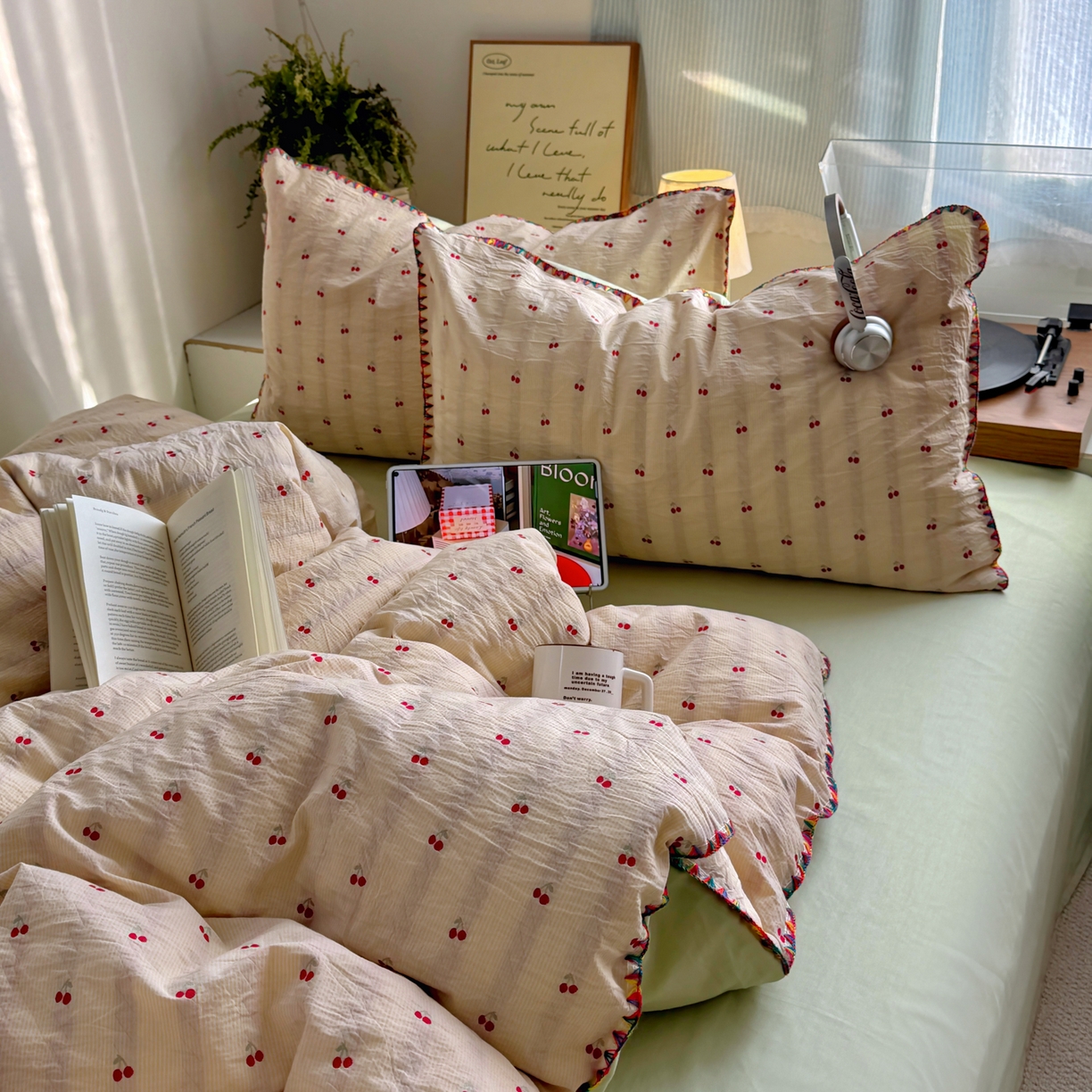 91家纺网 家纺一手货源 找家纺 田野 2026新款全棉水洗提花贝壳边四件套 桔条樱语