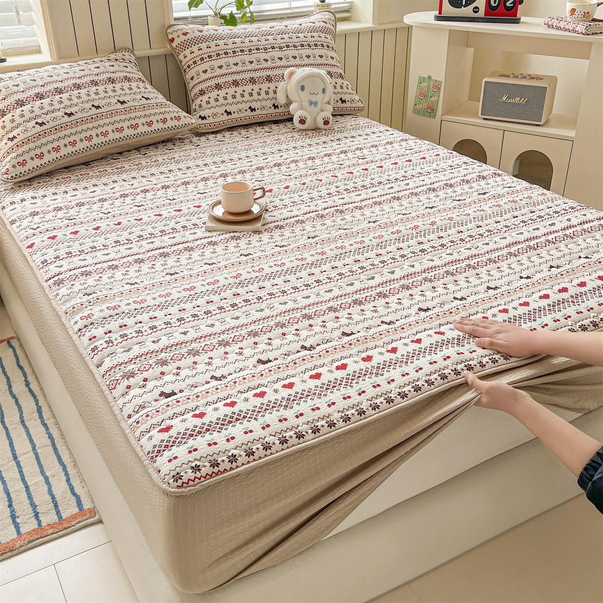 91家纺网 家纺一手货源 找家纺 优眠坊 2026新款亲肤泡芙纱夹棉单床笠床笠单件单品床笠三件套 圣诞小狗-夹棉款