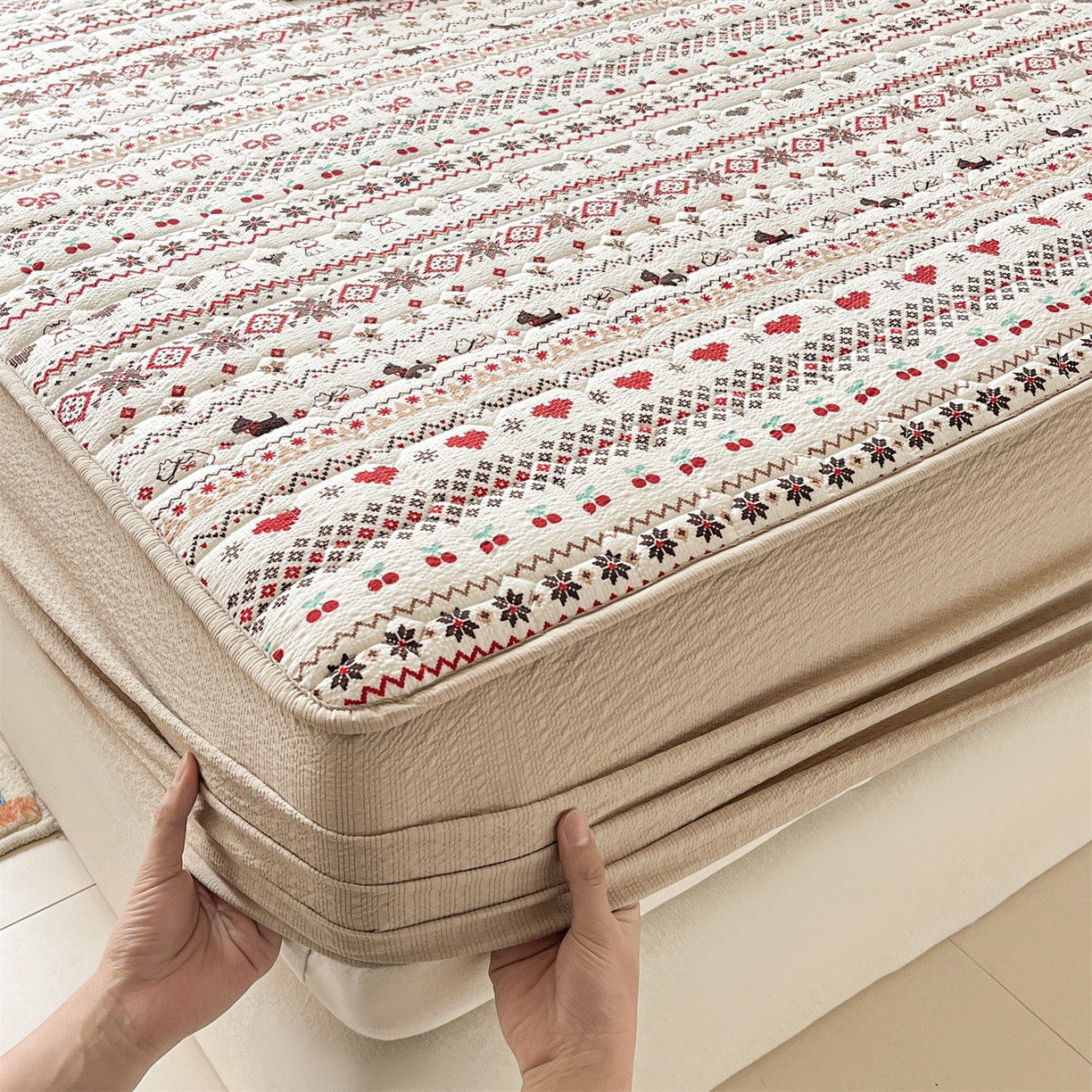 91家纺网 家纺一手货源 找家纺 优眠坊 2026新款亲肤泡芙纱夹棉单床笠床笠单件单品床笠三件套 圣诞小狗-夹棉款