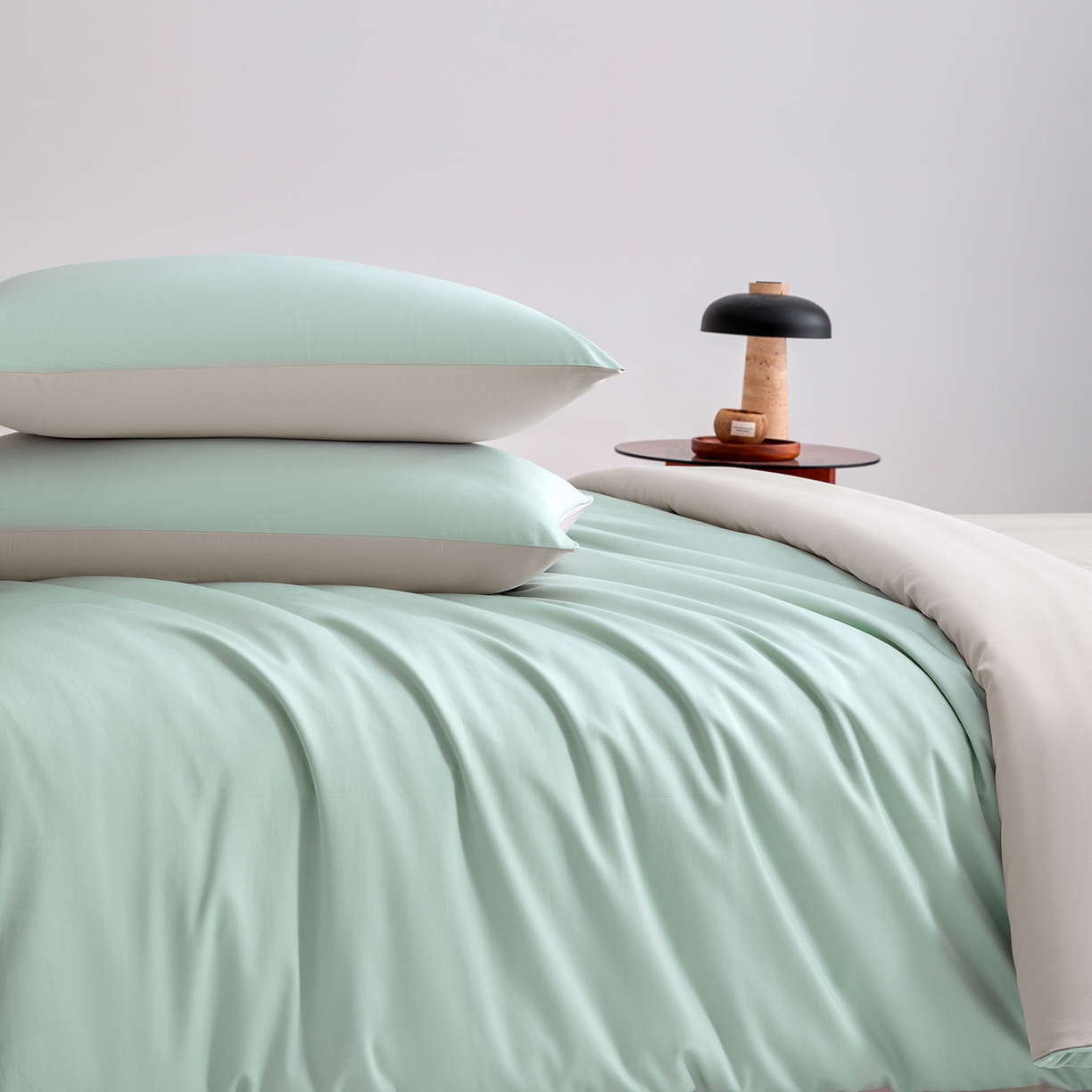 91家纺网 家纺一手货源 找家纺 合欢（原天一阁） 2026新款50s双股长绒棉全棉纯棉纯色四件套 青柠绿+银竹灰