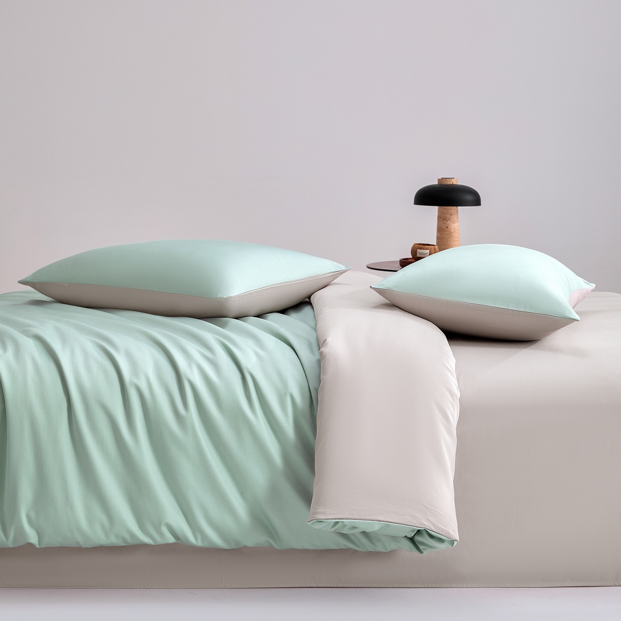 91家纺网 家纺一手货源 找家纺 合欢（原天一阁） 2026新款50s双股长绒棉全棉纯棉纯色四件套 青柠绿+银竹灰