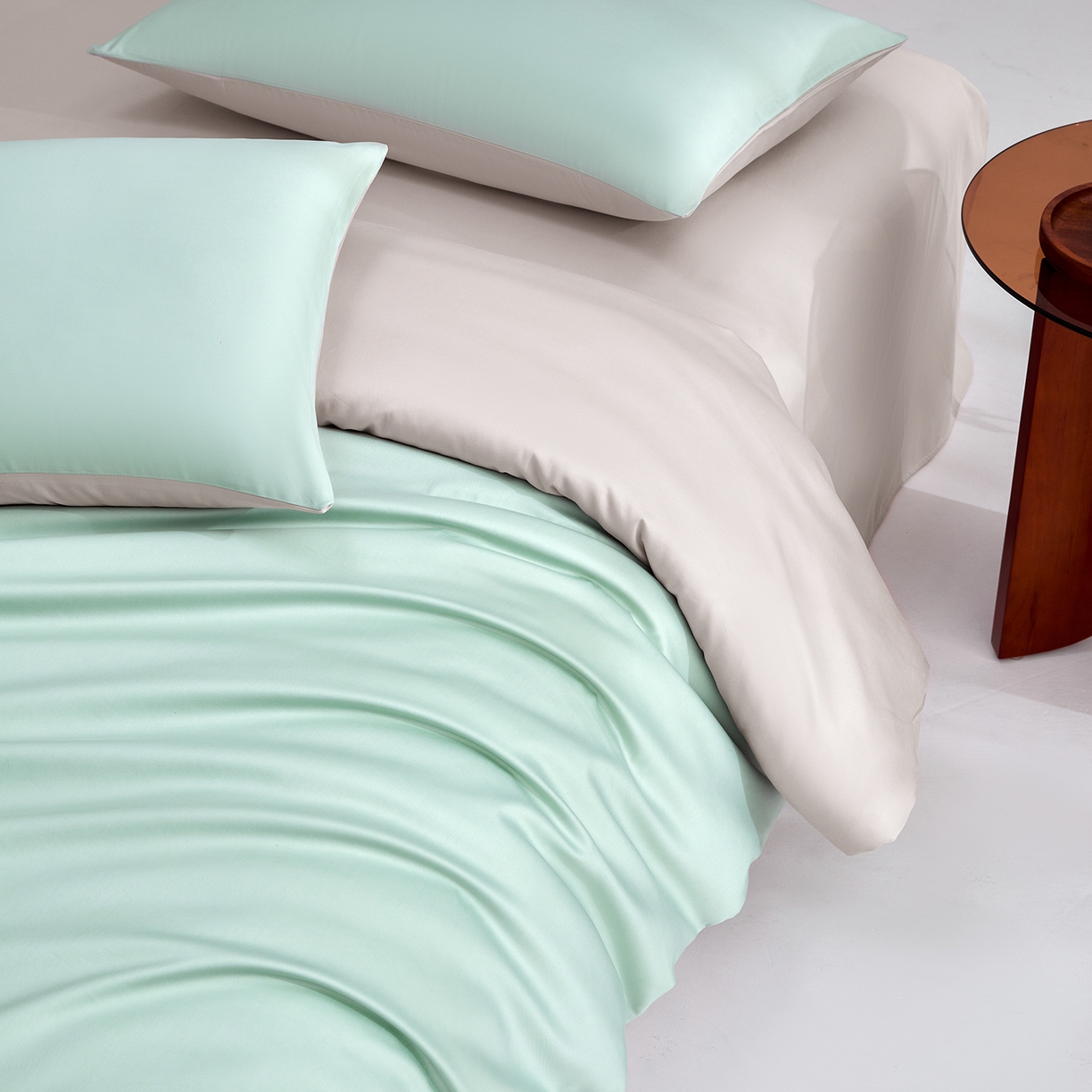 91家纺网 家纺一手货源 找家纺 合欢（原天一阁） 2026新款50s双股长绒棉全棉纯棉纯色四件套 青柠绿+银竹灰