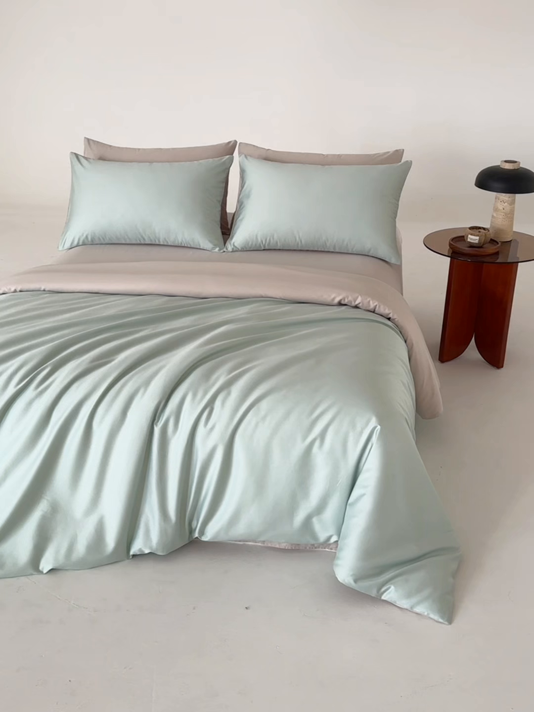 91家纺网 家纺一手货源 找家纺 合欢（原天一阁） 2026新款50s双股长绒棉全棉纯棉纯色四件套 青柠绿+银竹灰