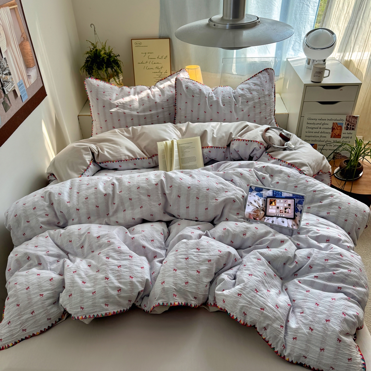 田野 2026新款全棉水洗提花贝壳边四件套 蓝条小桃结