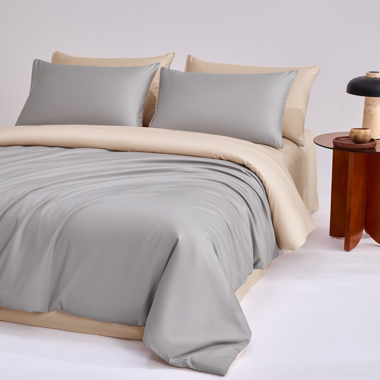 91家纺网 家纺一手货源 找家纺 合欢（原天一阁） 2026新款50s双股长绒棉全棉纯棉纯色四件套 时空灰+香槟金