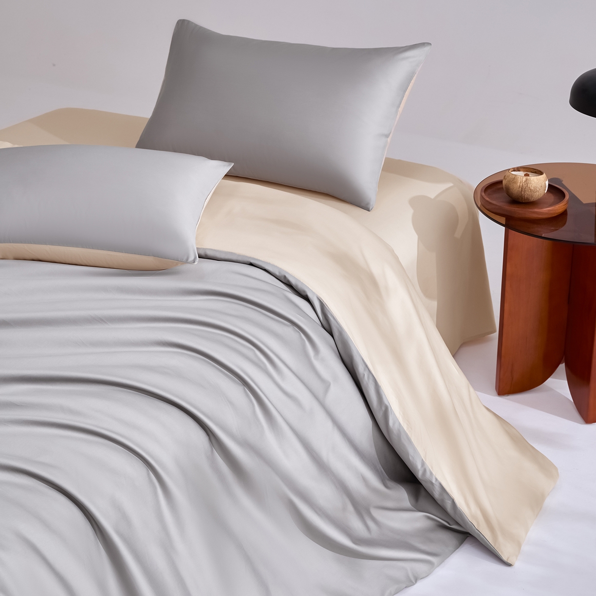 91家纺网 家纺一手货源 找家纺 合欢（原天一阁） 2026新款50s双股长绒棉全棉纯棉纯色四件套 时空灰+香槟金