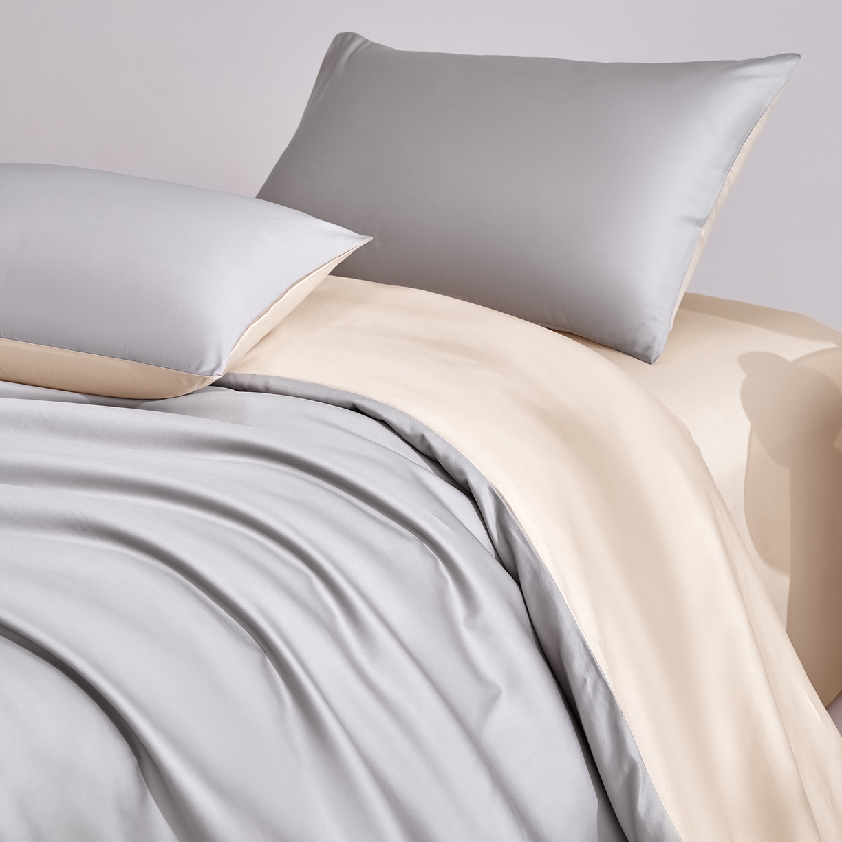 91家纺网 家纺一手货源 找家纺 合欢（原天一阁） 2026新款50s双股长绒棉全棉纯棉纯色四件套 时空灰+香槟金