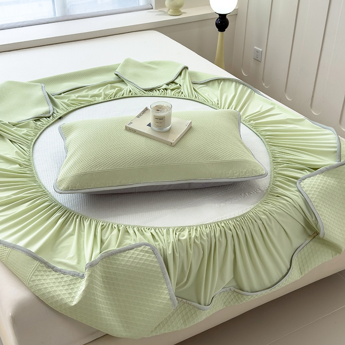 91家纺网 家纺一手货源 找家纺 乐家欣 2026新款凉感冰丝夏被床笠四件套 床笠冰丝-嫩绿