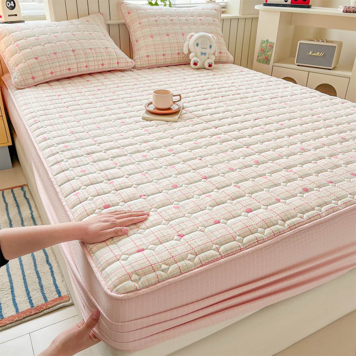 优眠坊 2026新款亲肤泡芙纱夹棉单床笠床笠单件单品床笠三件套 心心相印-夹棉款