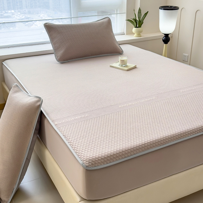 91家纺网 家纺一手货源 找家纺 乐家欣 2026新款凉感冰丝夏被床笠四件套 床笠冰丝-浅灰