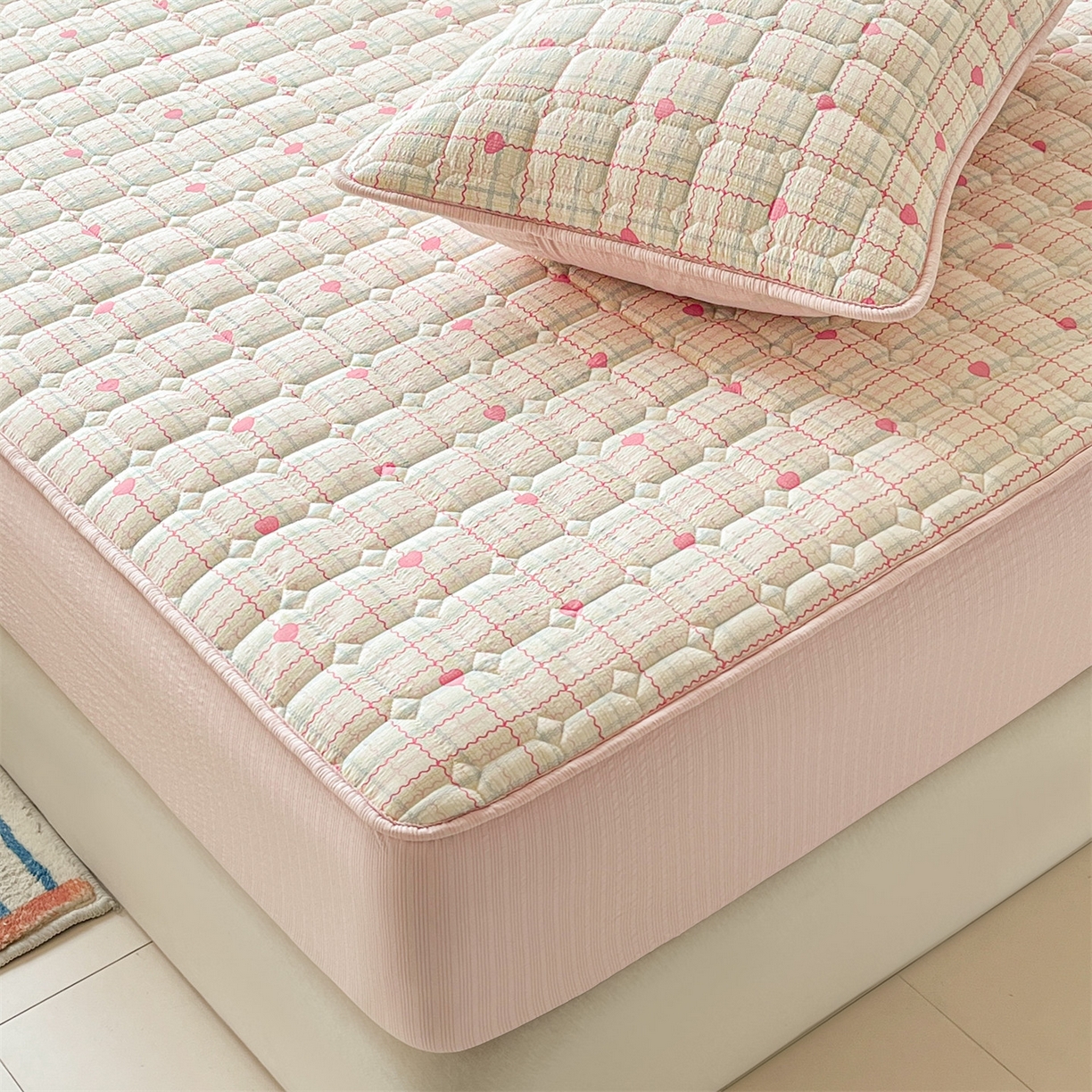 91家纺网 家纺一手货源 找家纺 优眠坊 2026新款亲肤泡芙纱夹棉单床笠床笠单件单品床笠三件套 心心相印-夹棉款