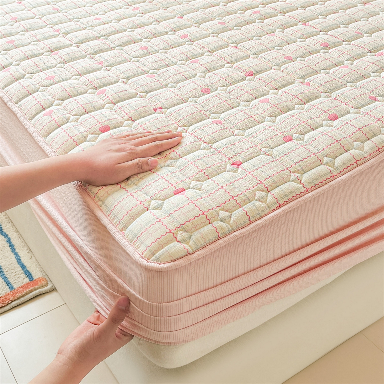 91家纺网 家纺一手货源 找家纺 优眠坊 2026新款亲肤泡芙纱夹棉单床笠床笠单件单品床笠三件套 心心相印-夹棉款