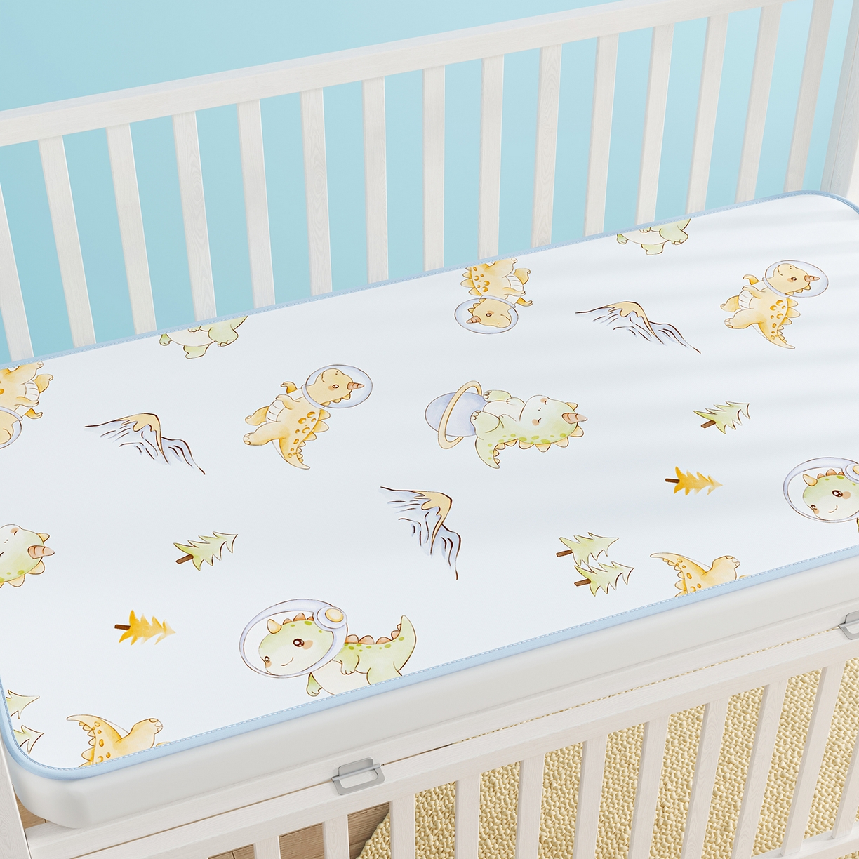 91家纺网 家纺一手货源 找家纺 家品罗兰 2026春夏新款数码印花婴儿床冰丝席-水光冰丝系列 呆萌恐龙