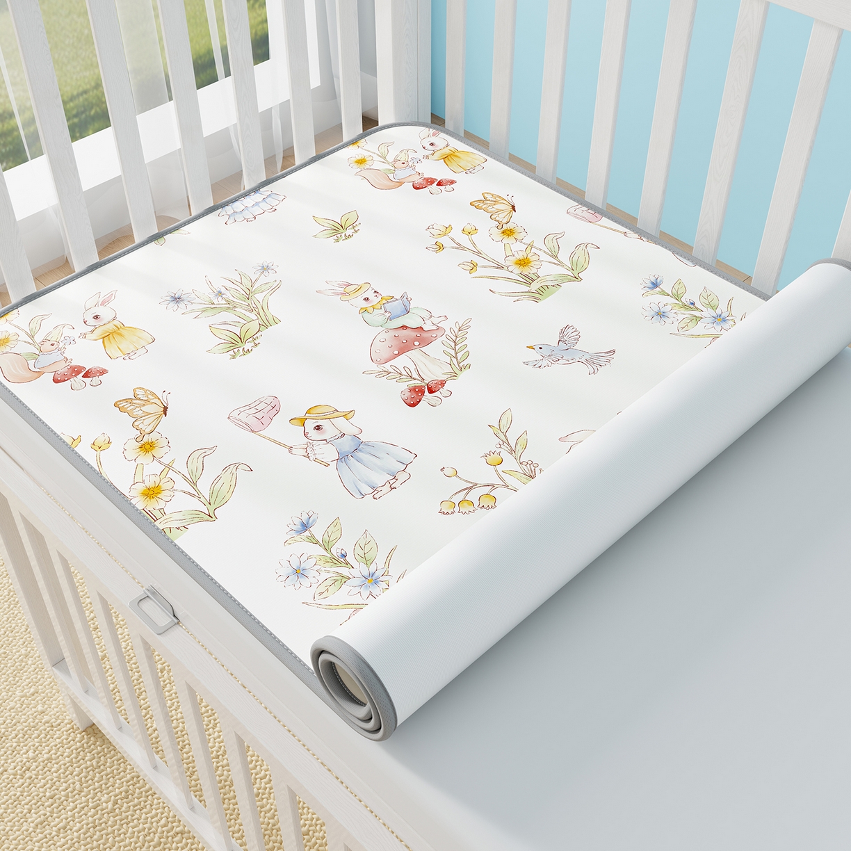 91家纺网 家纺一手货源 找家纺 家品罗兰 2026春夏新款数码印花婴儿床冰丝席-水光冰丝系列 精灵小兔