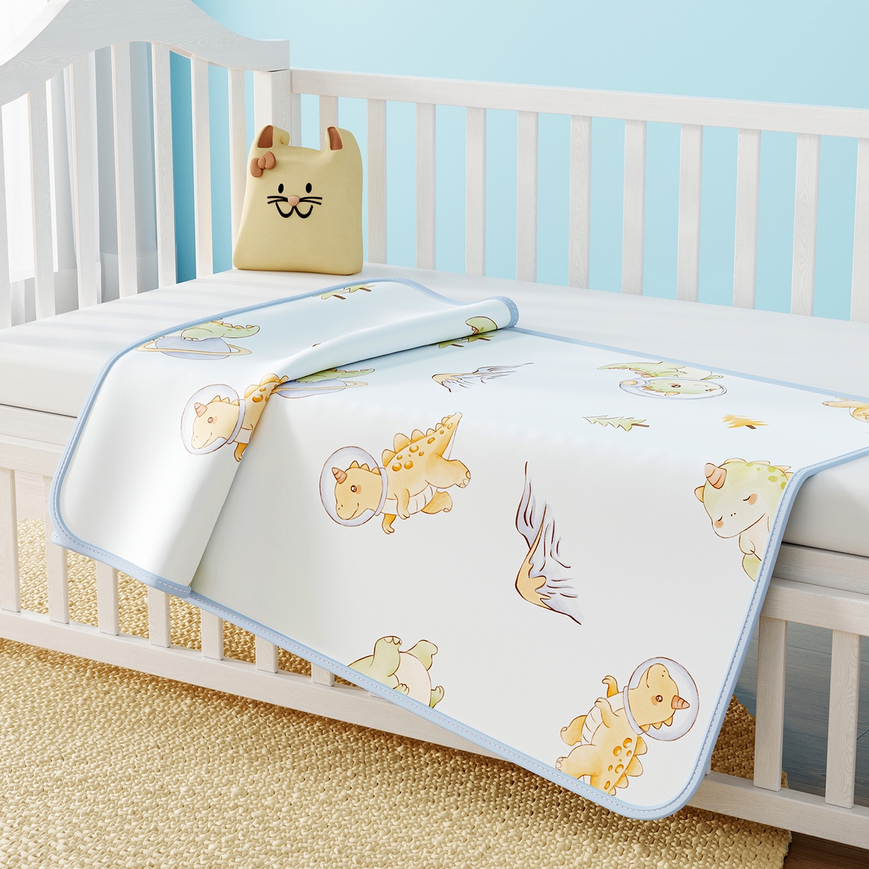 91家纺网 家纺一手货源 找家纺 家品罗兰 2026春夏新款数码印花婴儿床冰丝席-水光冰丝系列 呆萌恐龙