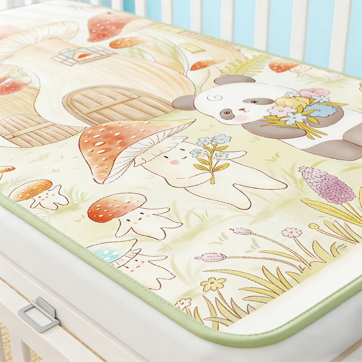 91家纺网 家纺一手货源 找家纺 家品罗兰 2026春夏新款数码印花婴儿床冰丝席-水光冰丝系列 蘑菇城堡