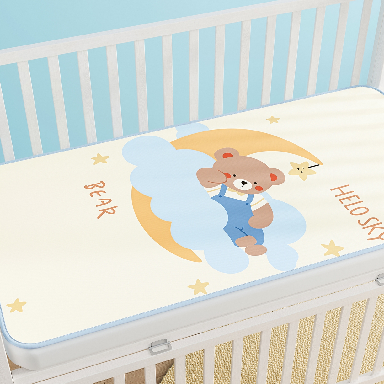 91家纺网 家纺一手货源 找家纺 家品罗兰 2026春夏新款数码印花婴儿床冰丝席-水光冰丝系列 月亮熊