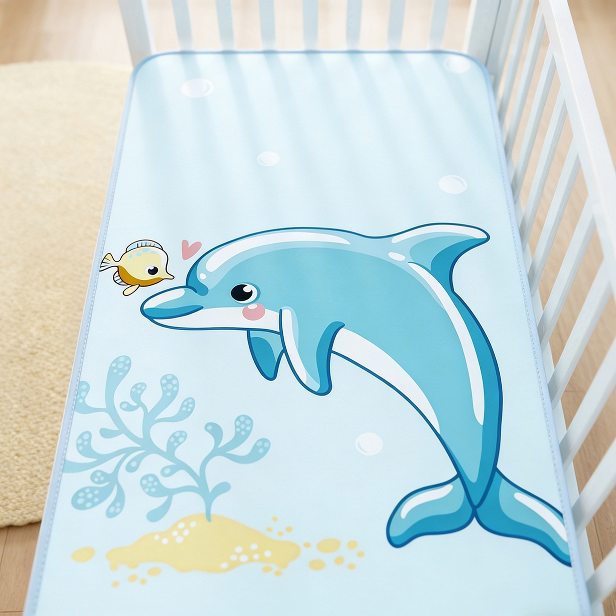 91家纺网 家纺一手货源 找家纺 家品罗兰 2026春夏新款数码印花婴儿床冰丝席-水光冰丝系列 海豚奇遇