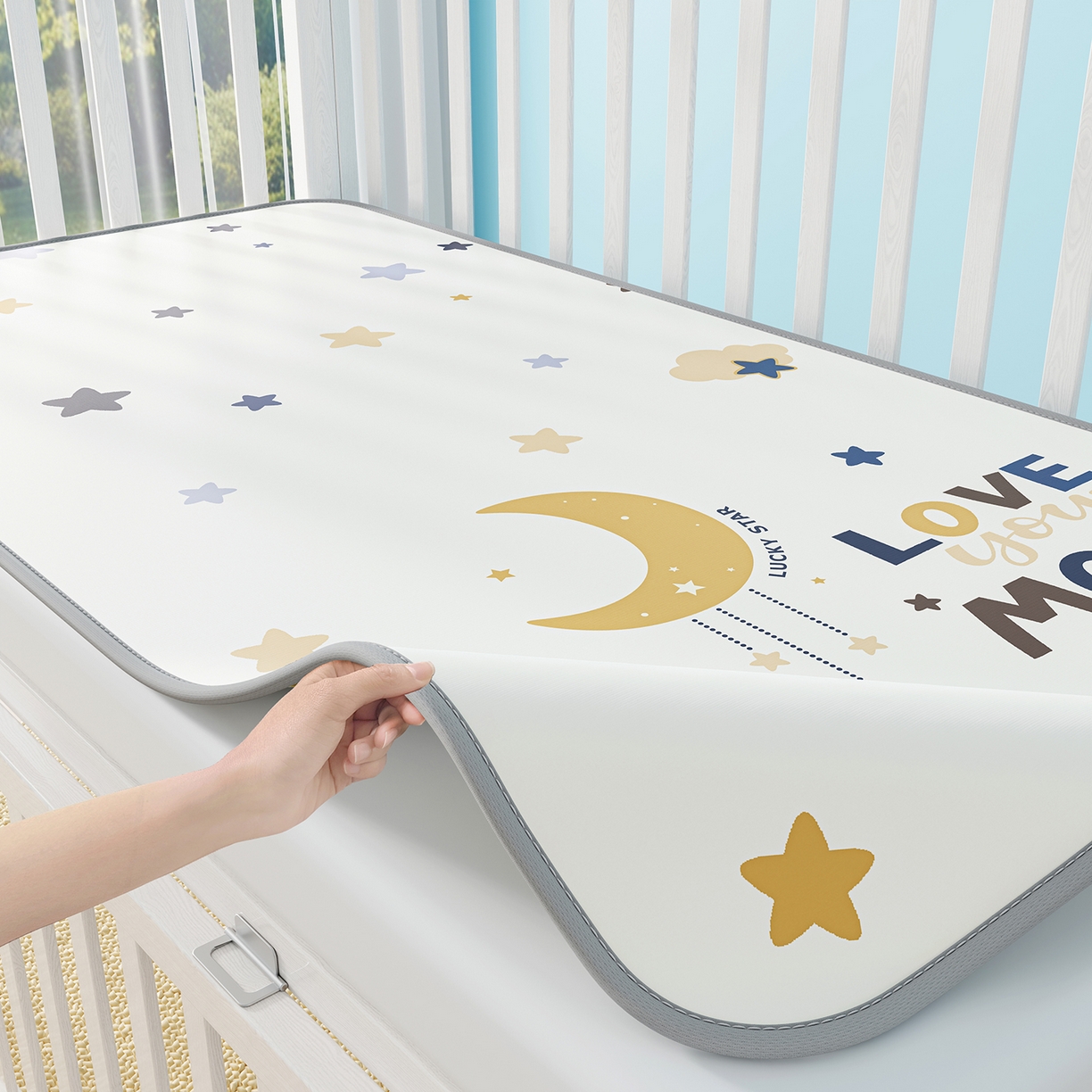 91家纺网 家纺一手货源 找家纺 家品罗兰 2026春夏新款数码印花婴儿床冰丝席-水光冰丝系列 满天星辰