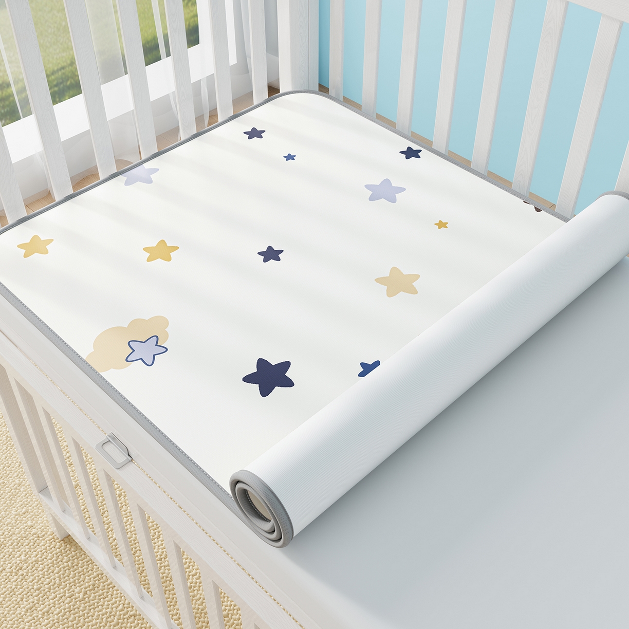 91家纺网 家纺一手货源 找家纺 家品罗兰 2026春夏新款数码印花婴儿床冰丝席-水光冰丝系列 满天星辰