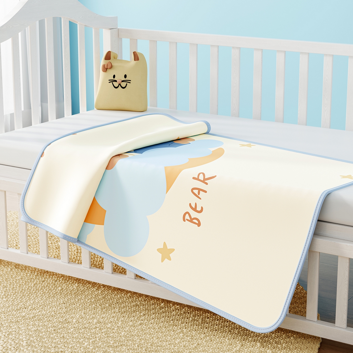 91家纺网 家纺一手货源 找家纺 家品罗兰 2026春夏新款数码印花婴儿床冰丝席-水光冰丝系列 月亮熊