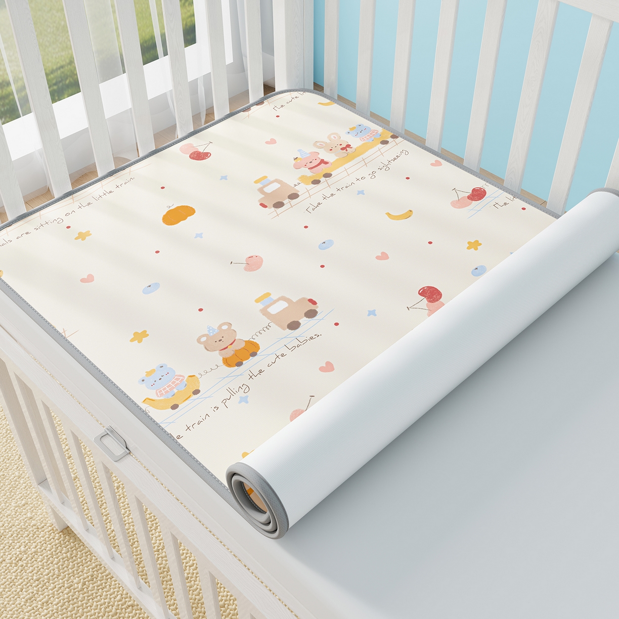 91家纺网 家纺一手货源 找家纺 家品罗兰 2026春夏新款数码印花婴儿床冰丝席-水光冰丝系列 萌宝小火车