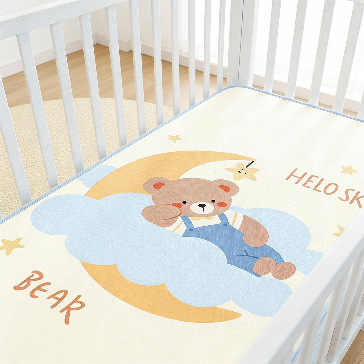 91家纺网 家纺一手货源 找家纺 家品罗兰 2026春夏新款数码印花婴儿床冰丝席-水光冰丝系列 月亮熊