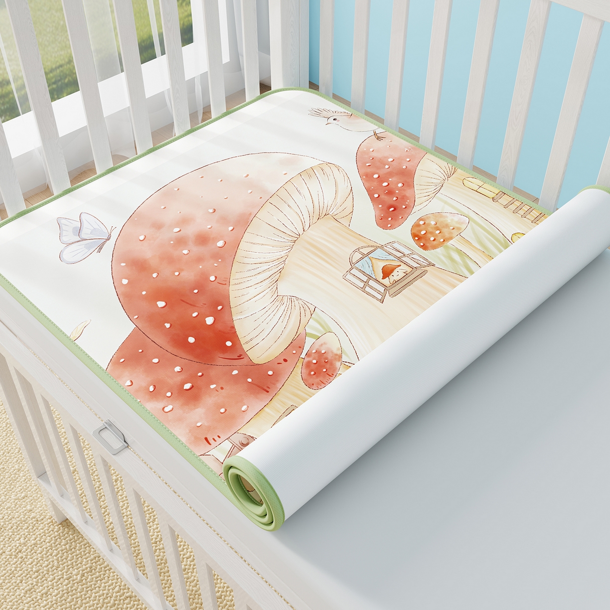 91家纺网 家纺一手货源 找家纺 家品罗兰 2026春夏新款数码印花婴儿床冰丝席-水光冰丝系列 蘑菇城堡