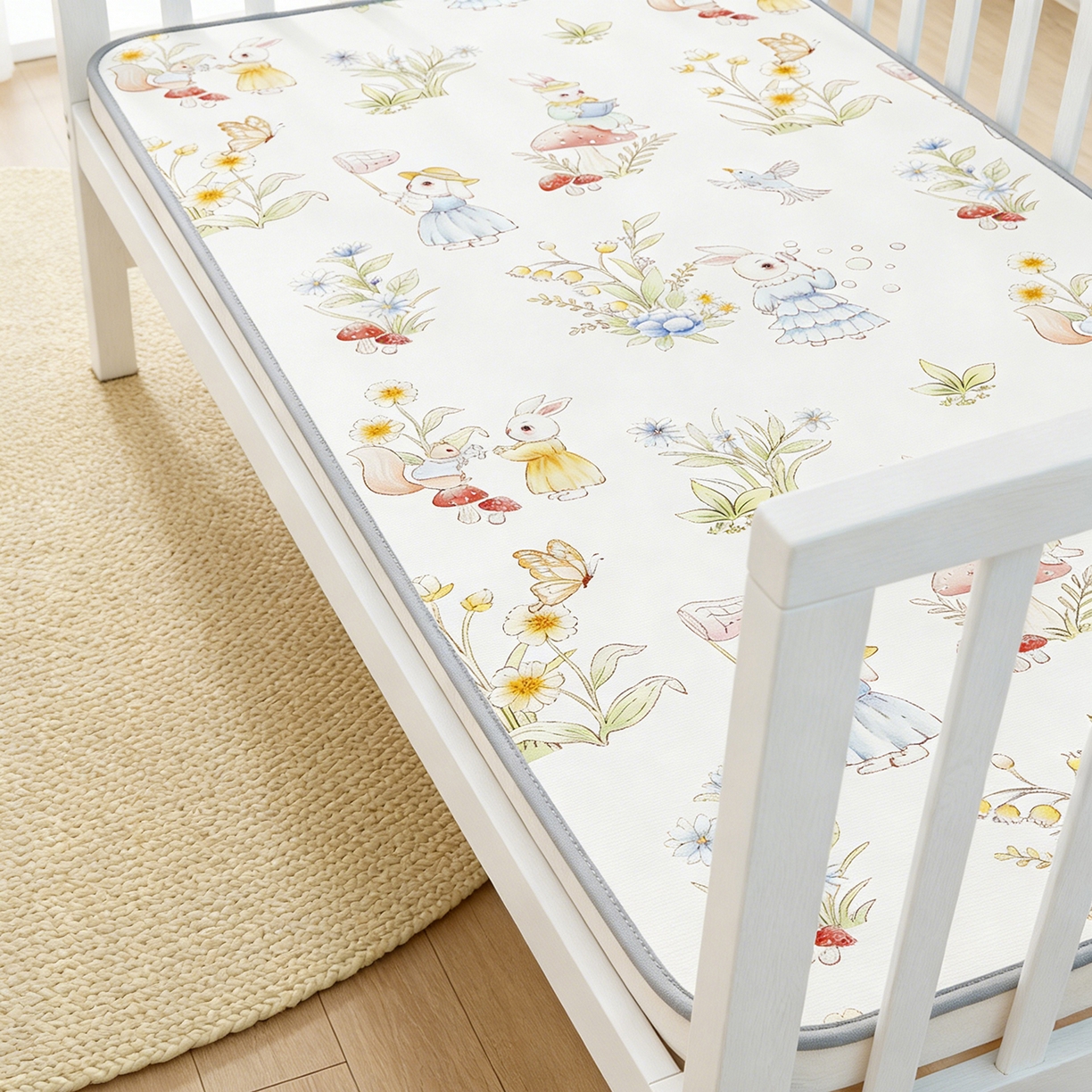 91家纺网 家纺一手货源 找家纺 家品罗兰 2026春夏新款数码印花婴儿床冰丝席-水光冰丝系列 精灵小兔