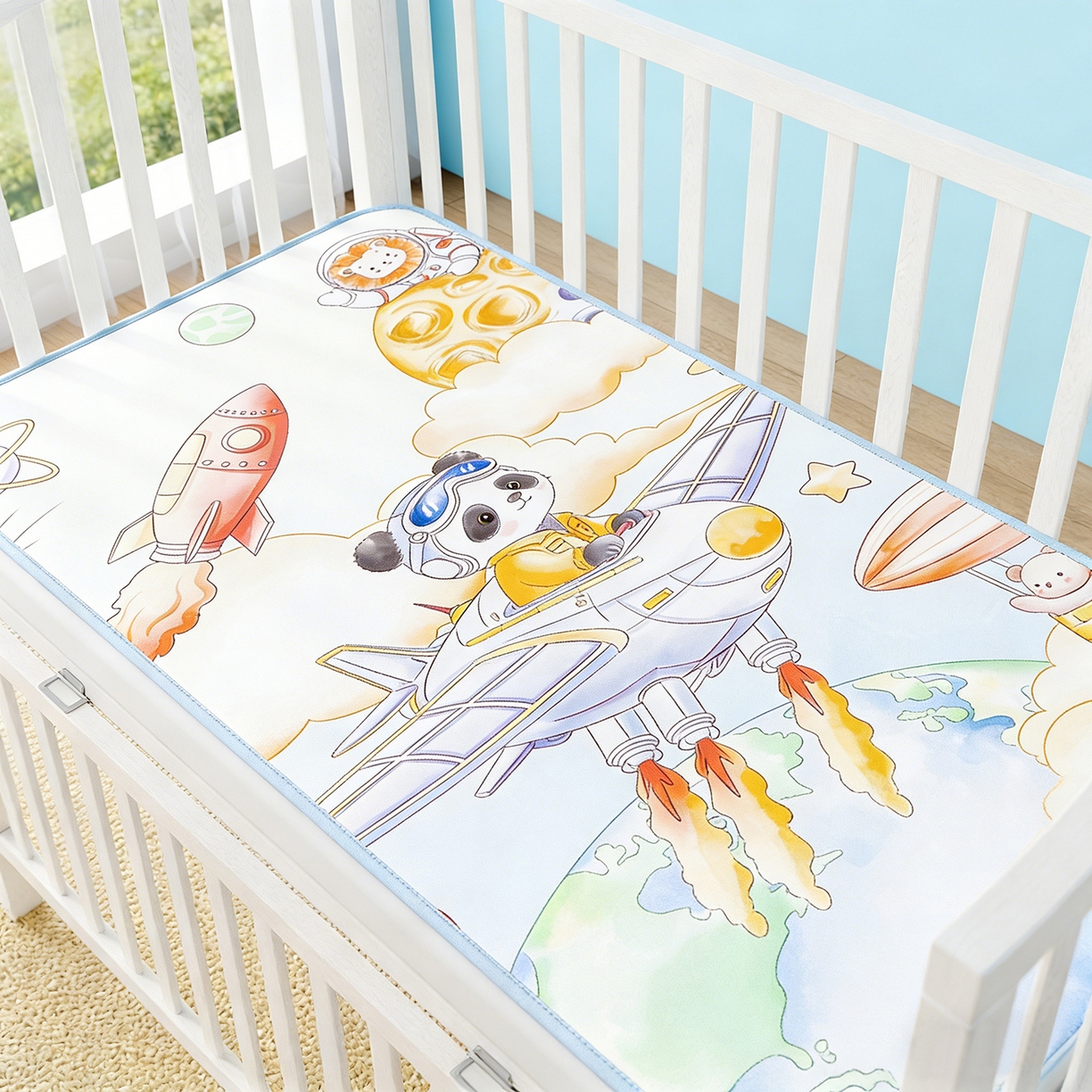 91家纺网 家纺一手货源 找家纺 家品罗兰 2026春夏新款数码印花婴儿床冰丝席-水光冰丝系列 星际漫游