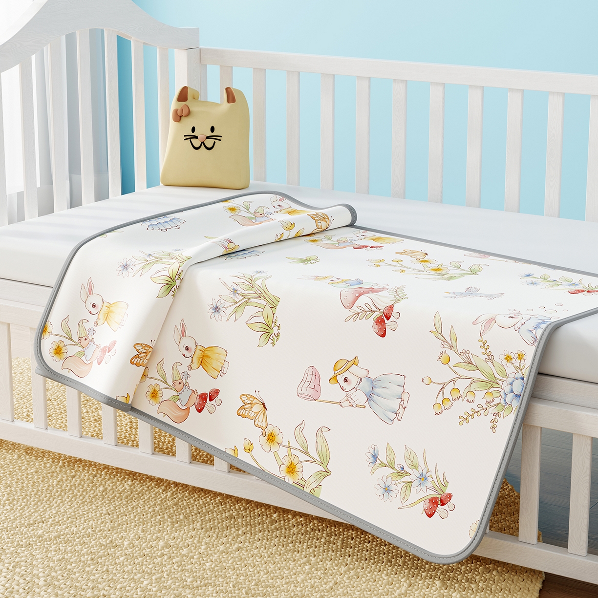 91家纺网 家纺一手货源 找家纺 家品罗兰 2026春夏新款数码印花婴儿床冰丝席-水光冰丝系列 精灵小兔