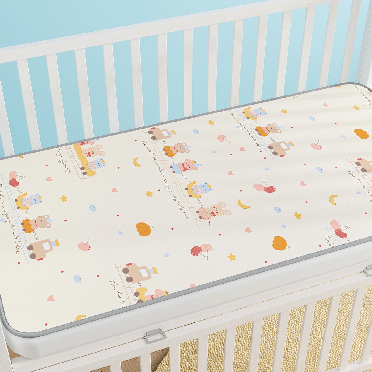 91家纺网 家纺一手货源 找家纺 家品罗兰 2026春夏新款数码印花婴儿床冰丝席-水光冰丝系列 萌宝小火车