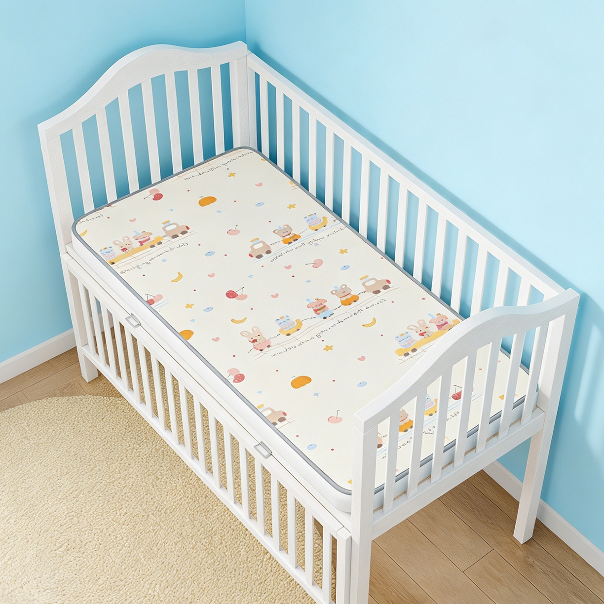 91家纺网 家纺一手货源 找家纺 家品罗兰 2026春夏新款数码印花婴儿床冰丝席-水光冰丝系列 萌宝小火车