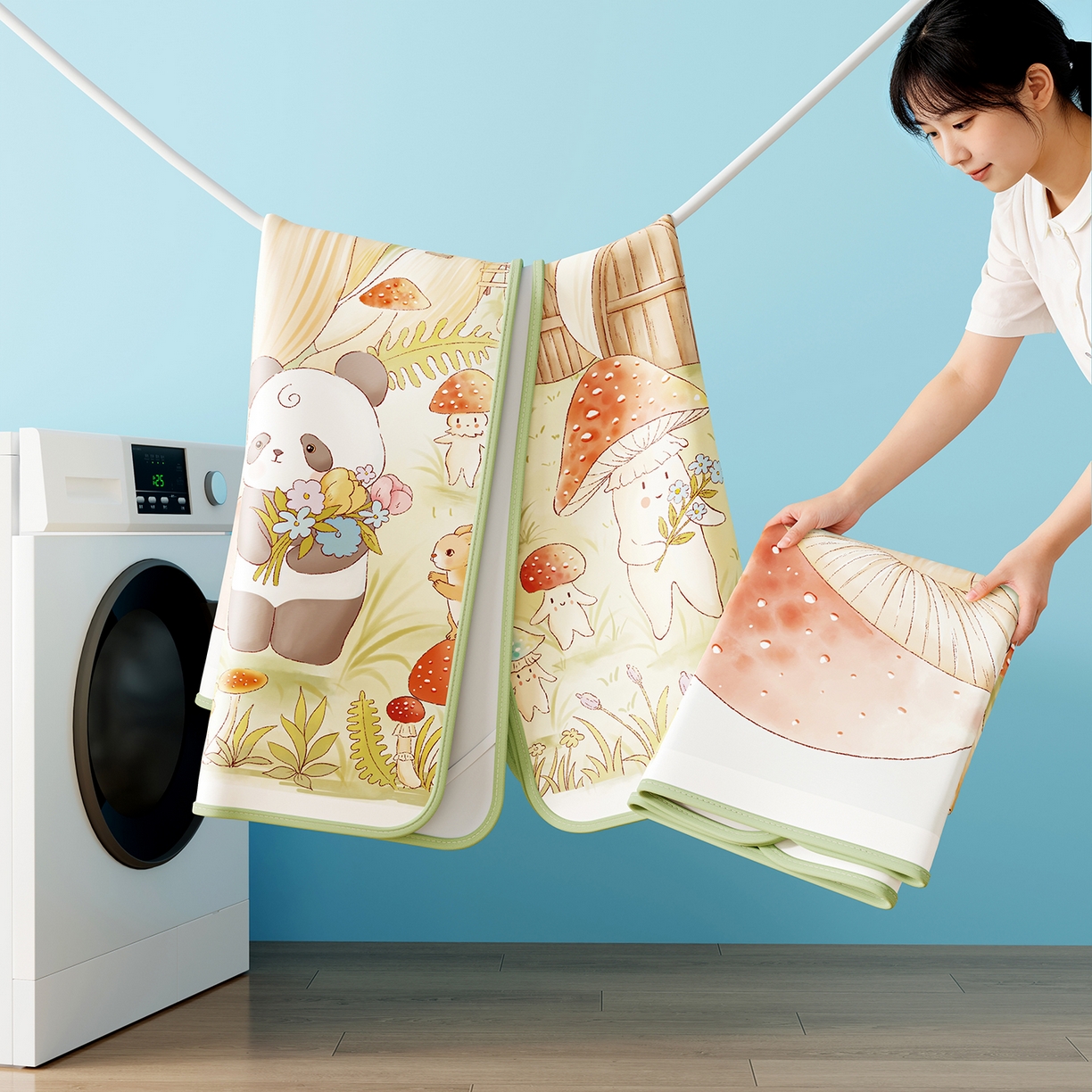 91家纺网 家纺一手货源 找家纺 家品罗兰 2026春夏新款数码印花婴儿床冰丝席-水光冰丝系列 蘑菇城堡