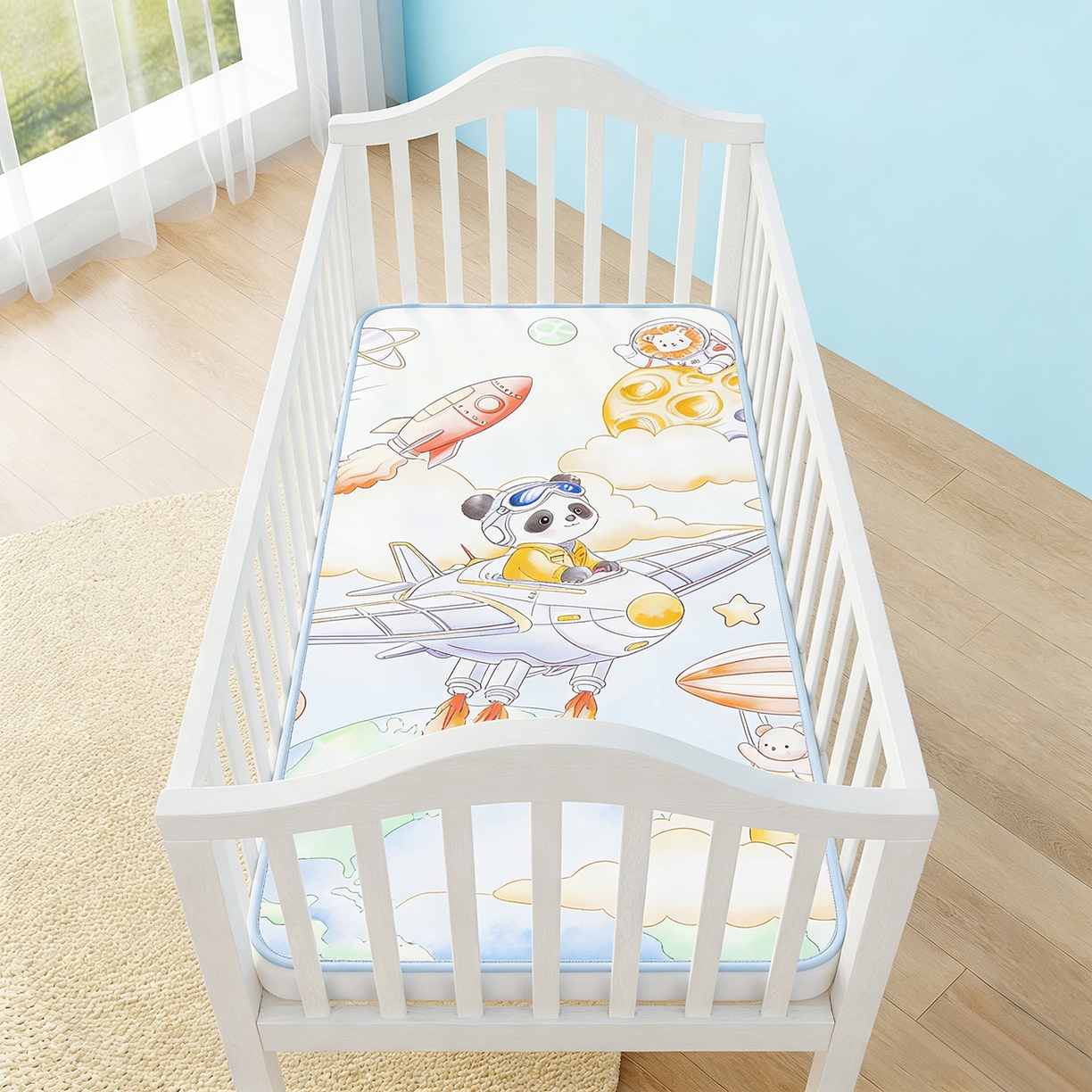 91家纺网 家纺一手货源 找家纺 家品罗兰 2026春夏新款数码印花婴儿床冰丝席-水光冰丝系列 星际漫游