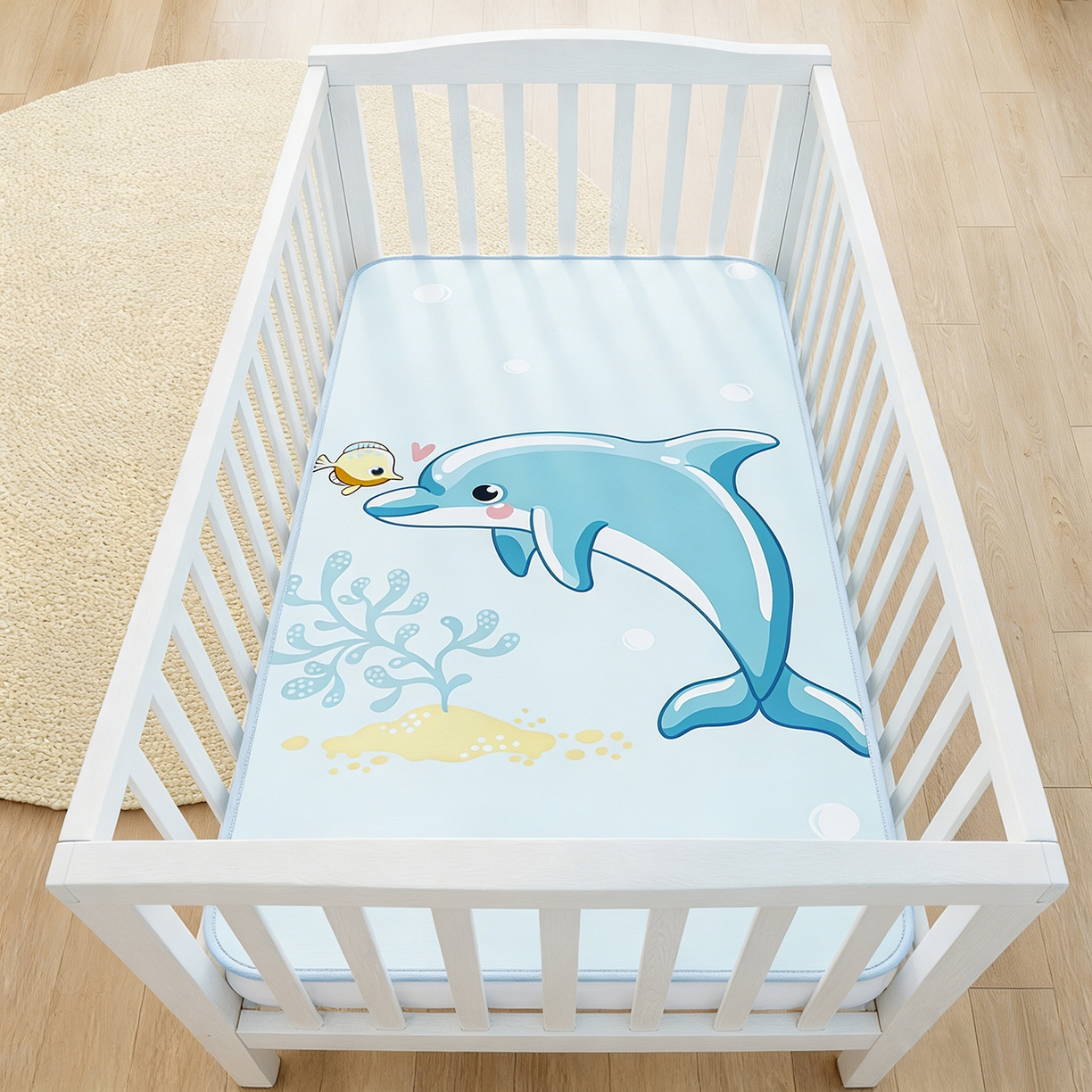 91家纺网 家纺一手货源 找家纺 家品罗兰 2026春夏新款数码印花婴儿床冰丝席-水光冰丝系列 海豚奇遇