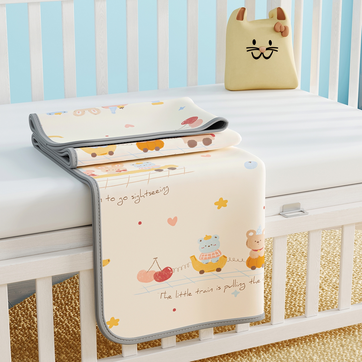 91家纺网 家纺一手货源 找家纺 家品罗兰 2026春夏新款数码印花婴儿床冰丝席-水光冰丝系列 萌宝小火车