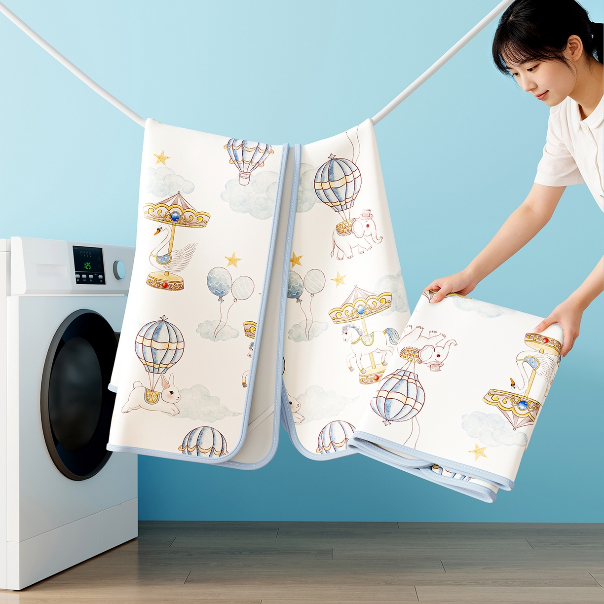 91家纺网 家纺一手货源 找家纺 家品罗兰 2026春夏新款数码印花婴儿床冰丝席-水光冰丝系列 萌象木马