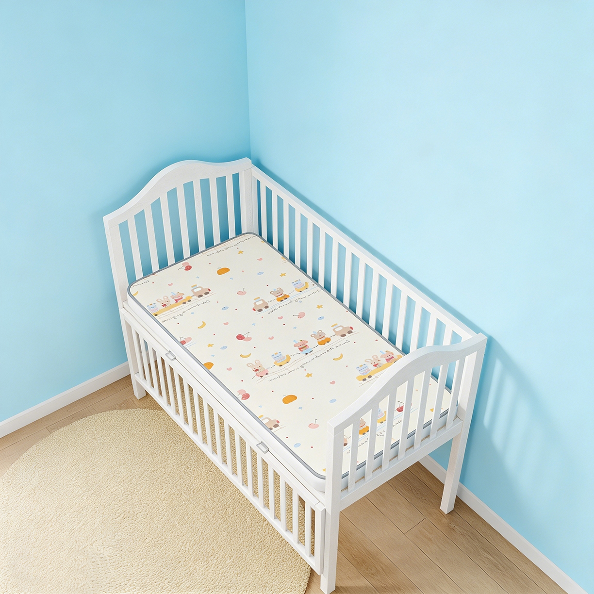 91家纺网 家纺一手货源 找家纺 家品罗兰 2026春夏新款数码印花婴儿床冰丝席-水光冰丝系列 萌宝小火车