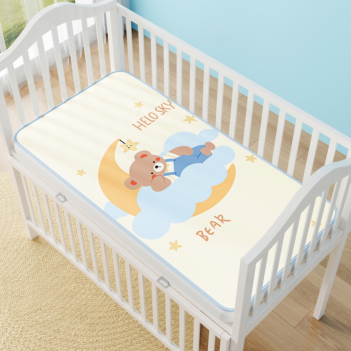 91家纺网 家纺一手货源 找家纺 家品罗兰 2026春夏新款数码印花婴儿床冰丝席-水光冰丝系列 月亮熊