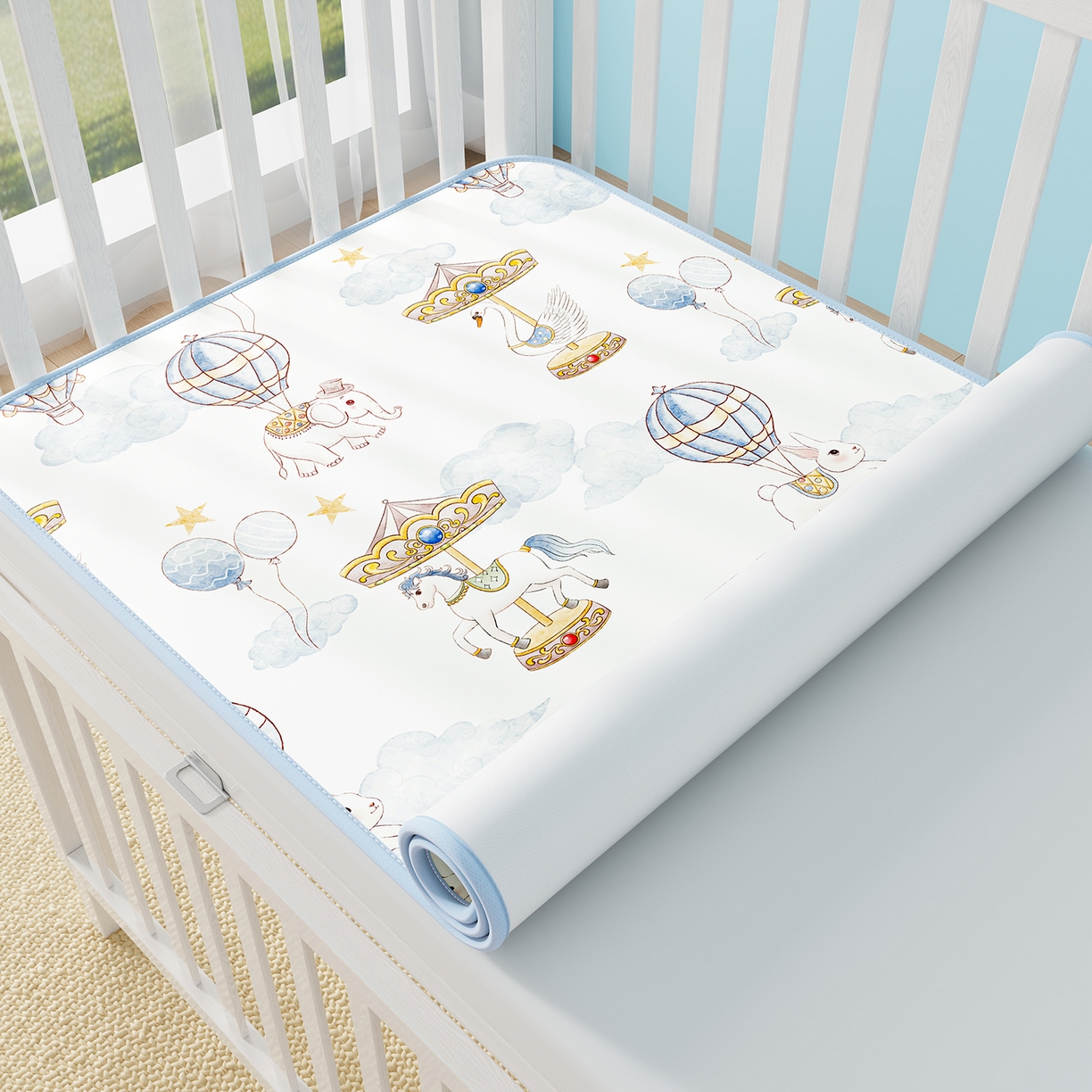 91家纺网 家纺一手货源 找家纺 家品罗兰 2026春夏新款数码印花婴儿床冰丝席-水光冰丝系列 萌象木马