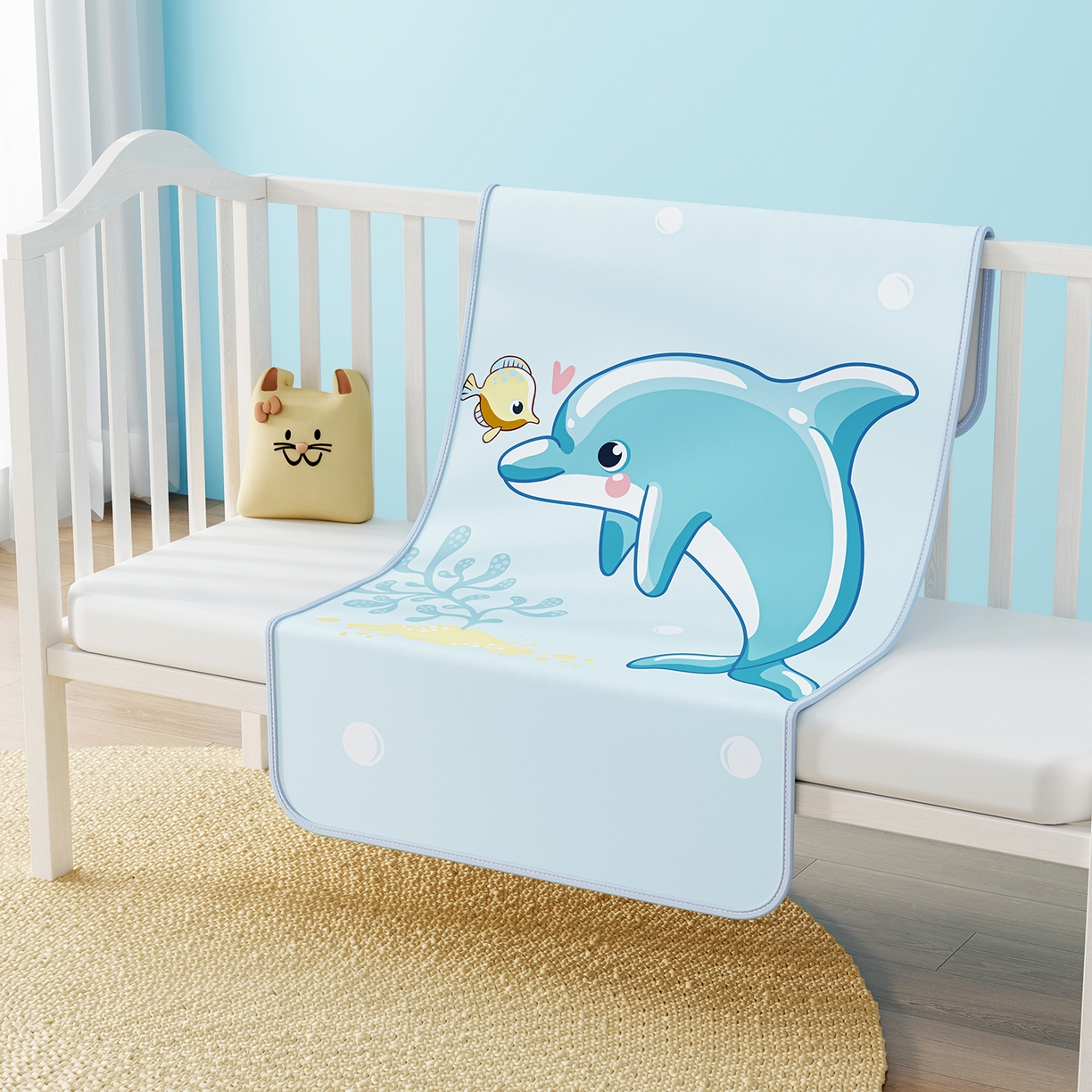 91家纺网 家纺一手货源 找家纺 家品罗兰 2026春夏新款数码印花婴儿床冰丝席-水光冰丝系列 海豚奇遇