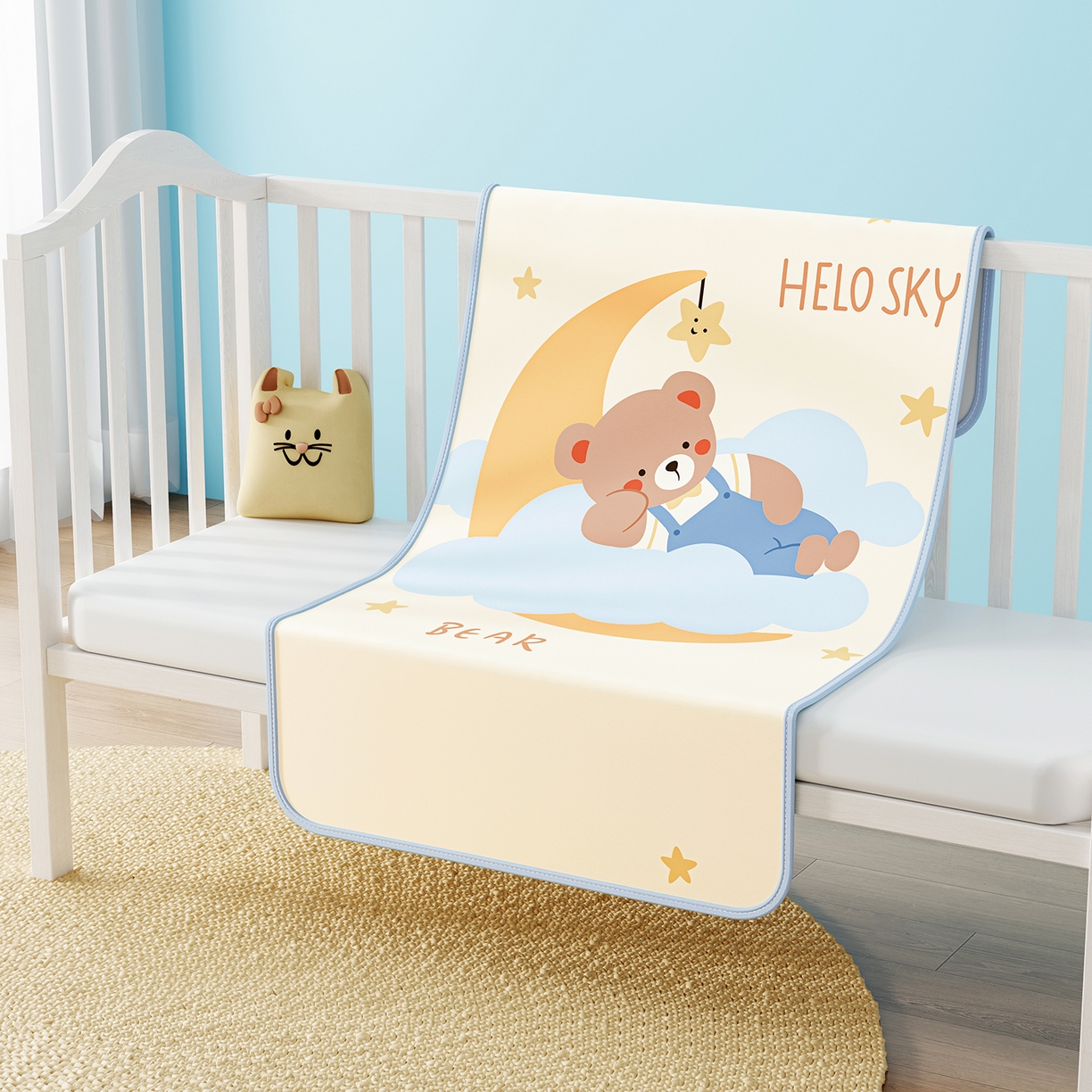 91家纺网 家纺一手货源 找家纺 家品罗兰 2026春夏新款数码印花婴儿床冰丝席-水光冰丝系列 月亮熊