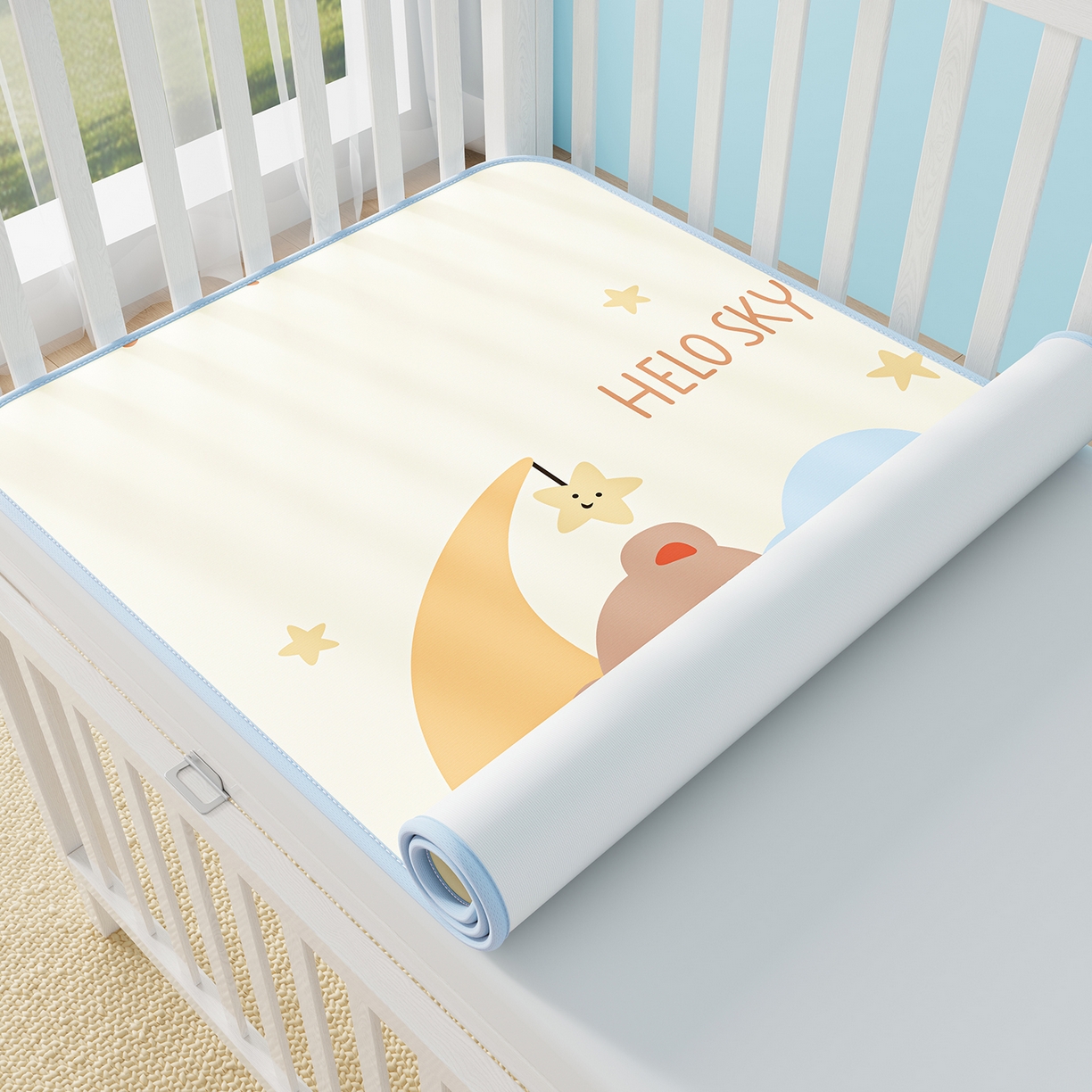 91家纺网 家纺一手货源 找家纺 家品罗兰 2026春夏新款数码印花婴儿床冰丝席-水光冰丝系列 月亮熊