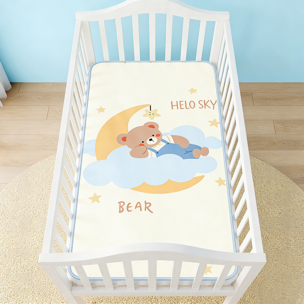 91家纺网 家纺一手货源 找家纺 家品罗兰 2026春夏新款数码印花婴儿床冰丝席-水光冰丝系列 月亮熊