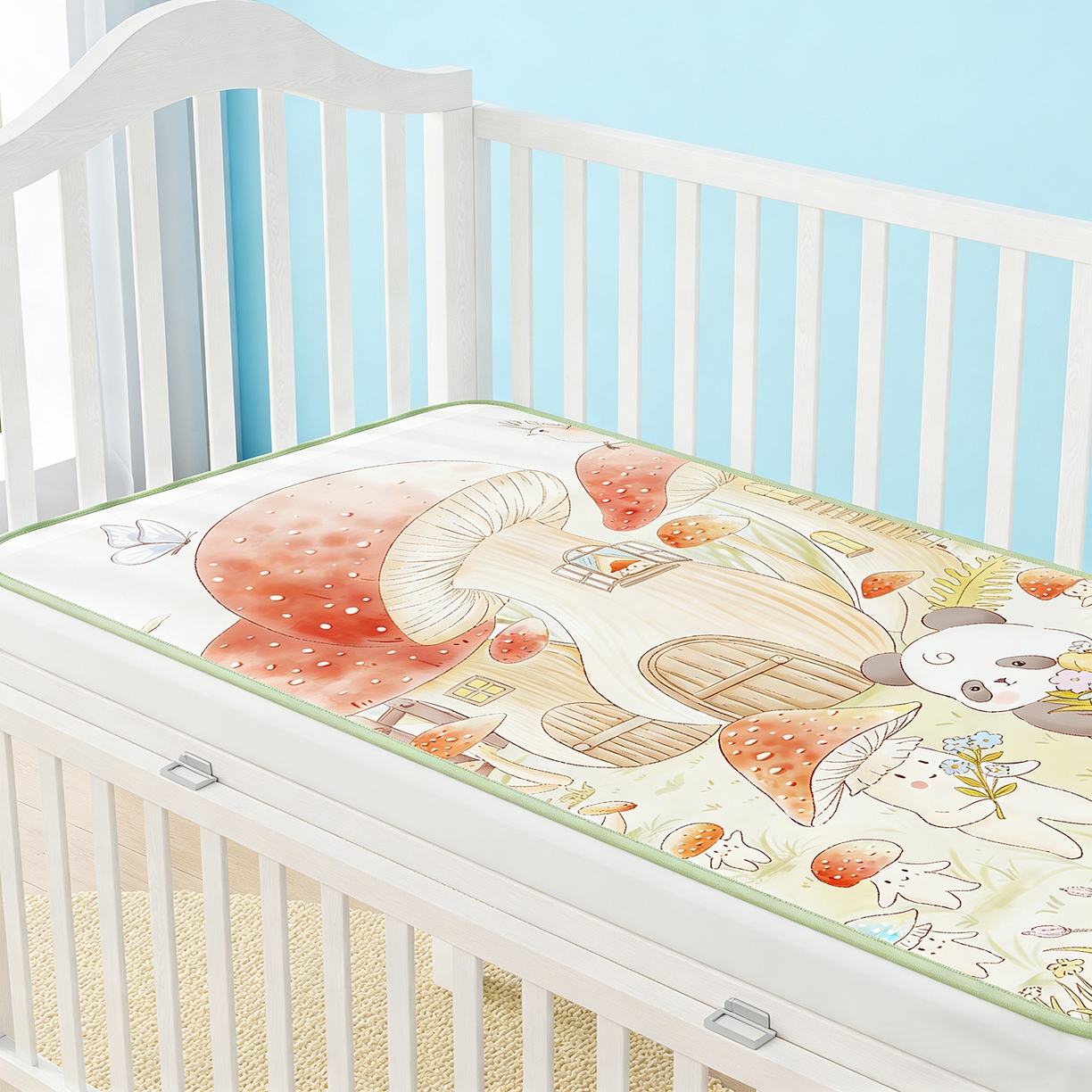 91家纺网 家纺一手货源 找家纺 家品罗兰 2026春夏新款数码印花婴儿床冰丝席-水光冰丝系列 蘑菇城堡