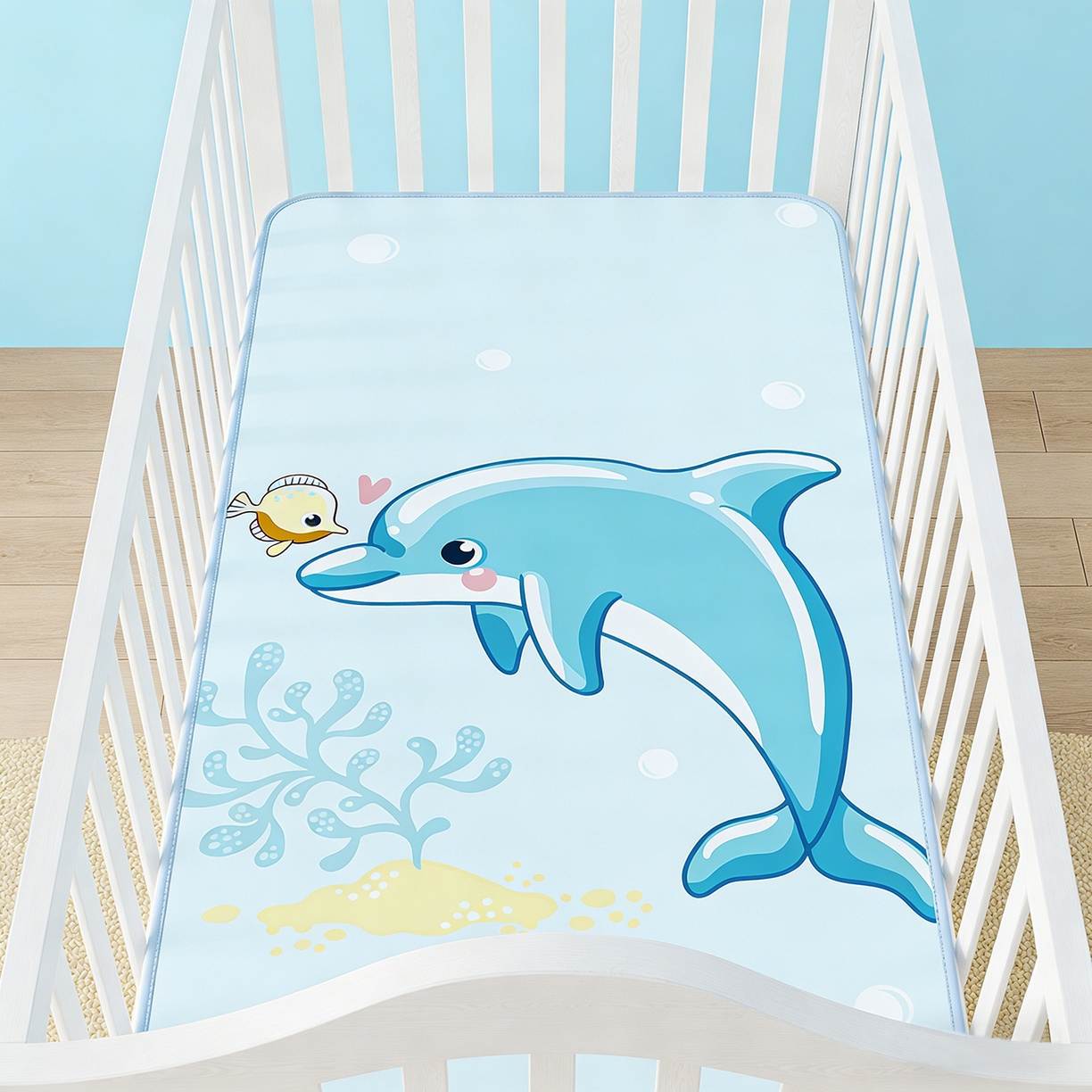 91家纺网 家纺一手货源 找家纺 家品罗兰 2026春夏新款数码印花婴儿床冰丝席-水光冰丝系列 海豚奇遇